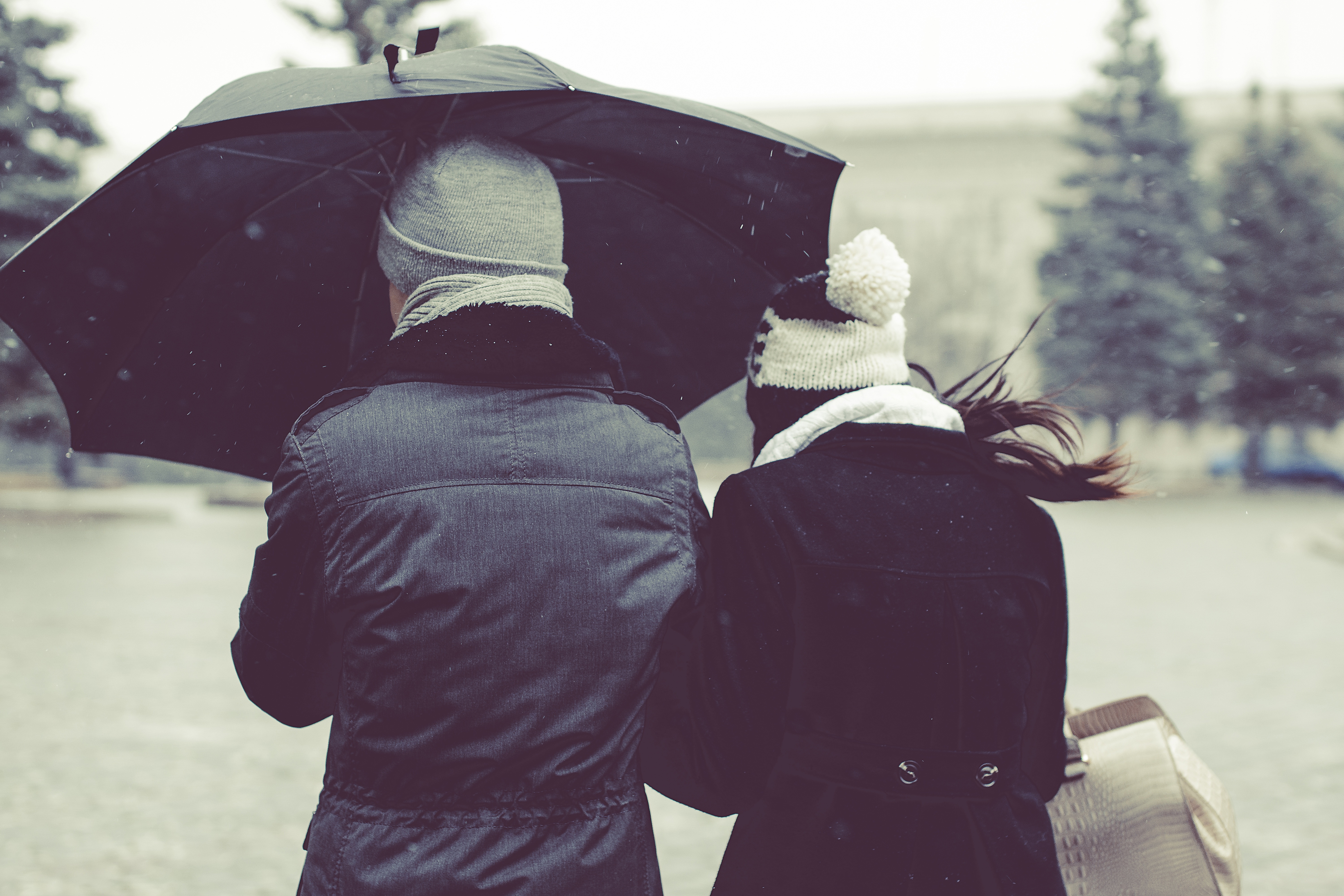 Couple standing under an umbrella