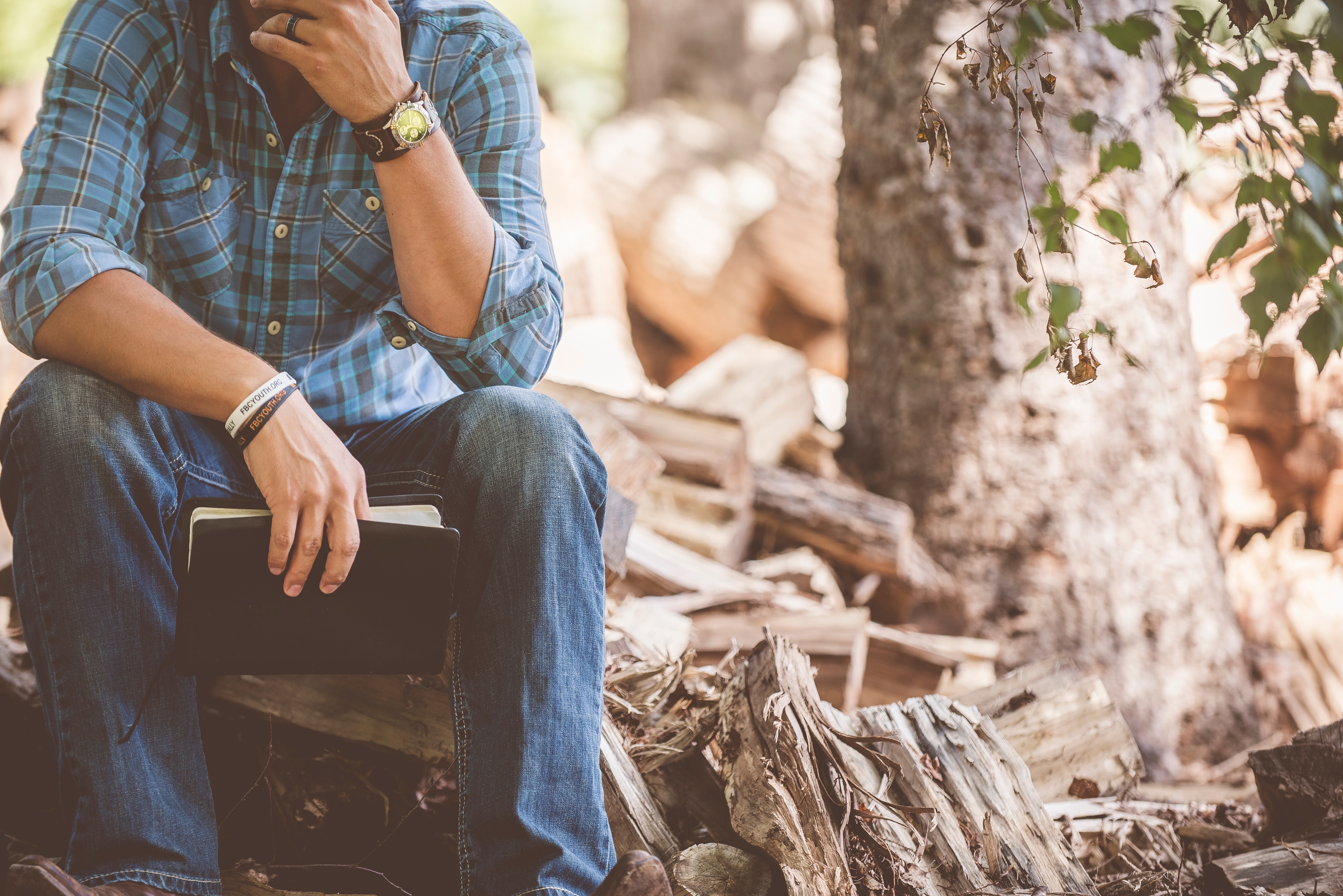 A man holding a book sits on a tree stump with split logs piled up behind him