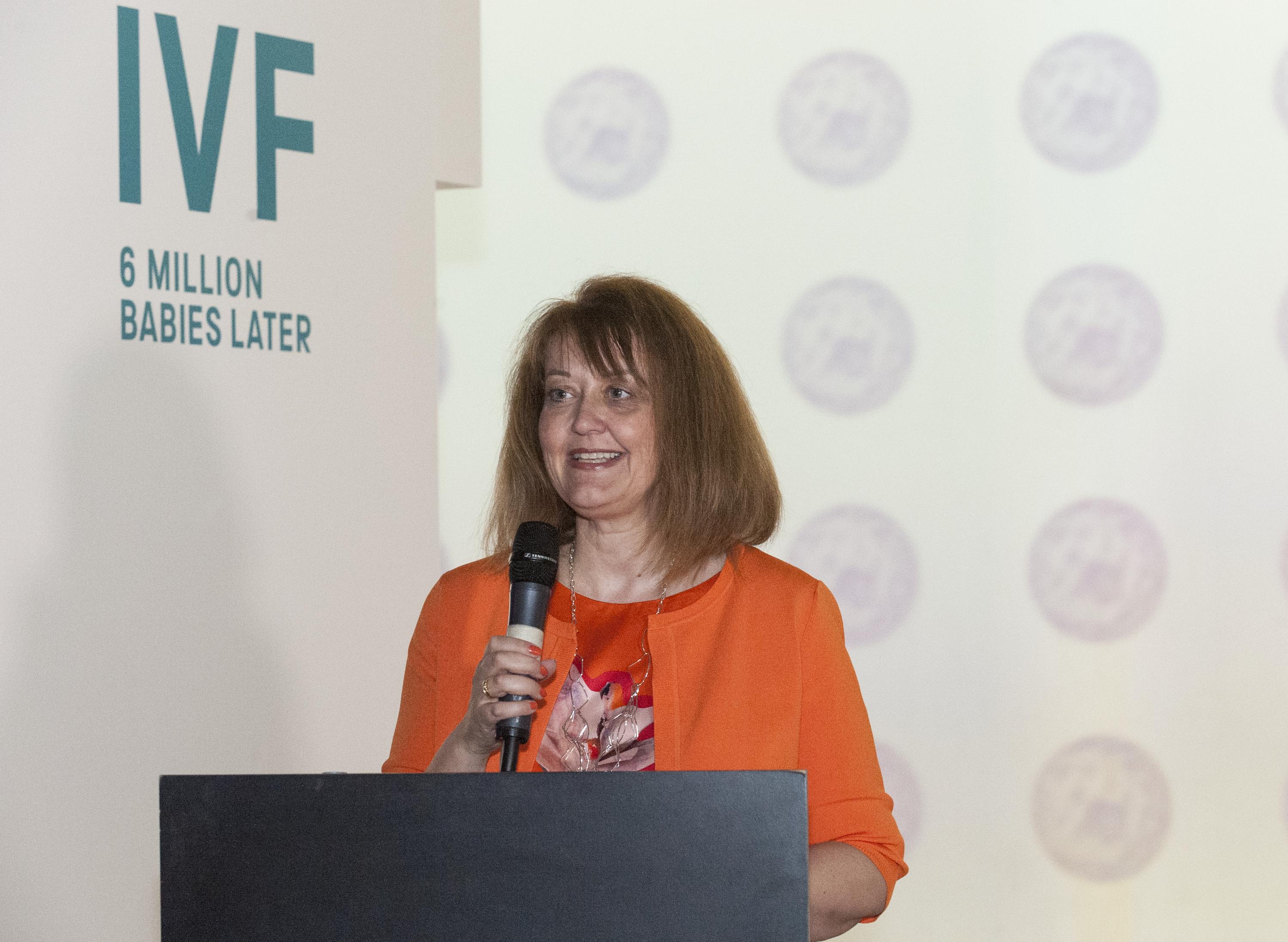 Our Chair Sally Cheshire CBE speaking at the launch of the IVF: 6 million babies later exhibition at the Science Museum.
