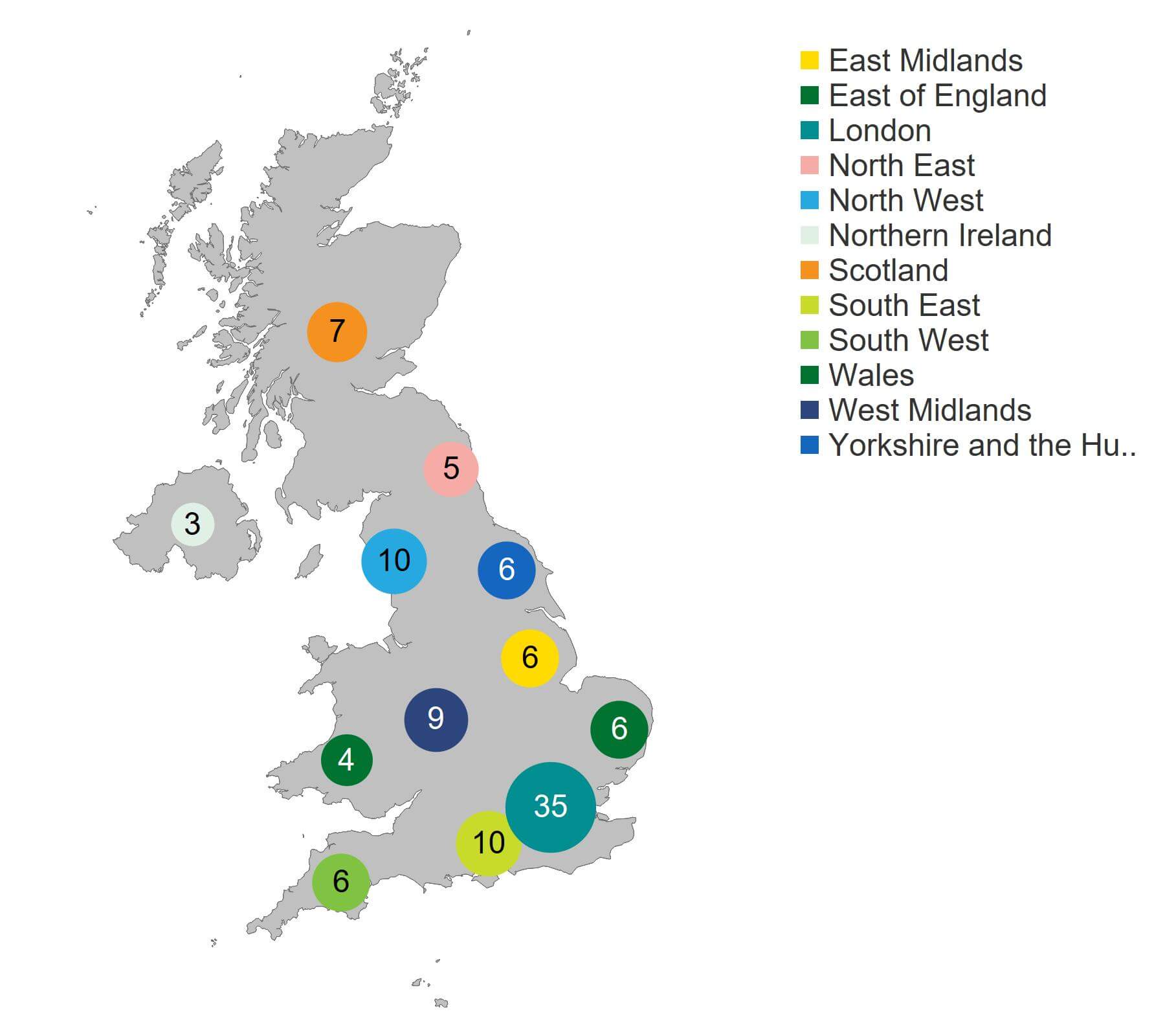 Figure 4. London had the highest number of HFEA licensed fertility clinics at 35. Map showing the number of clinics licensed to provide fertility treatment by geographical area, 2022/23 (excluding storage and research only).