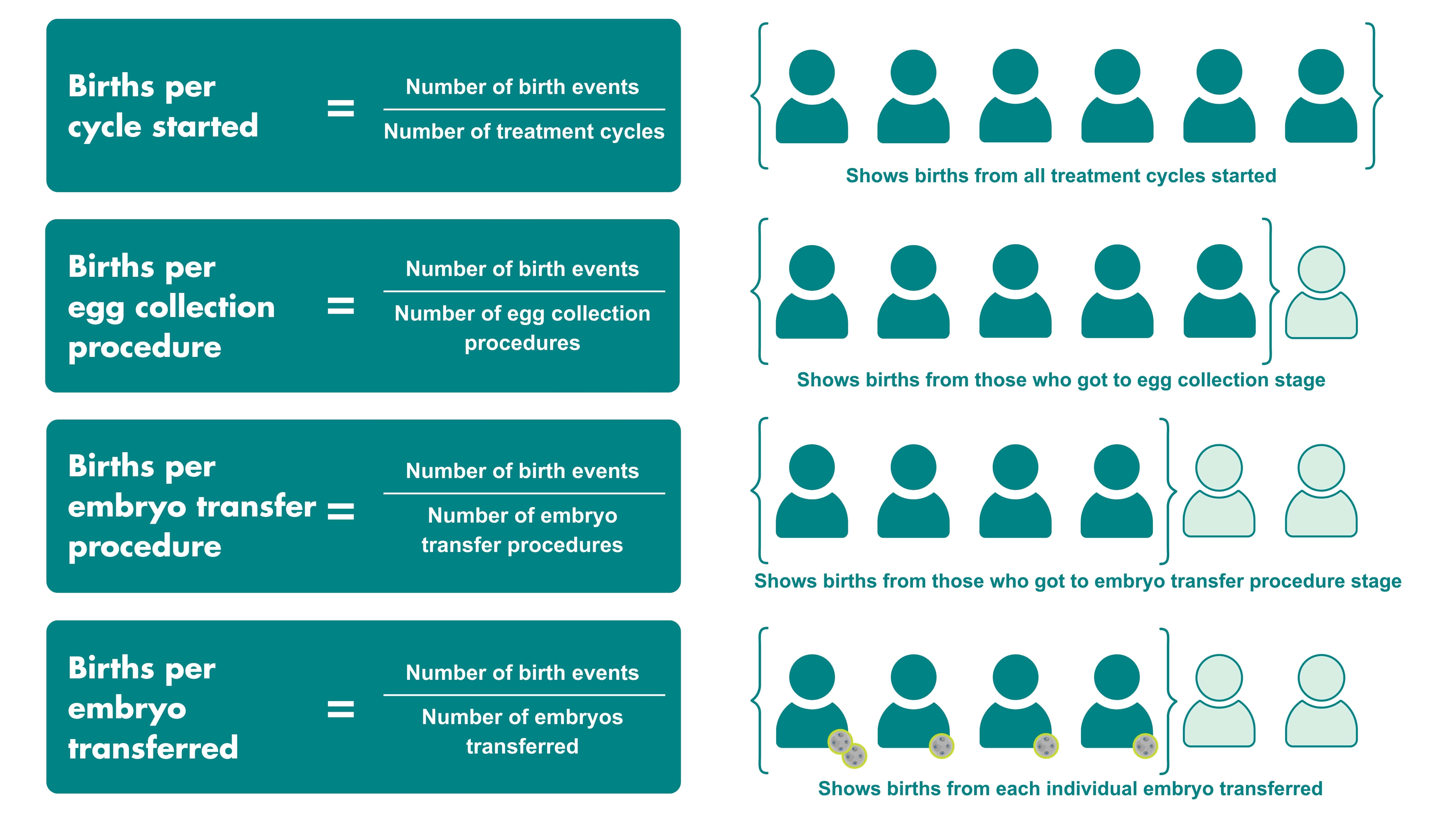 Infographic showing how each of the different proposed statistics are calculated on the left-hand side. Births per cycle started is calculated by dividing the number of birth events by the number of treatment cycles undertaken at a clinic. Births per egg collection procedure is calculated by dividing the number birth events by the number of egg collection procedures undertaken at a clinic. Births per embryo transfer procedure is calculated by dividing the number of births events by the number of embryo transfer procedures undertaken at a clinic. Births per embryo transferred is calculated by dividing the number of birth events by the number of embryos transferred at a clinic. The calculations are on the left of the image and then, on the right, icons are used to show differences in how many cycles would be included, with births per cycle started including the most, followed by births per egg collection procedure and with the least included in births per embryo transfer procedure and births per embryo transferred. It shows that only births per embryo transferred accounts for how many embryos are transferred.