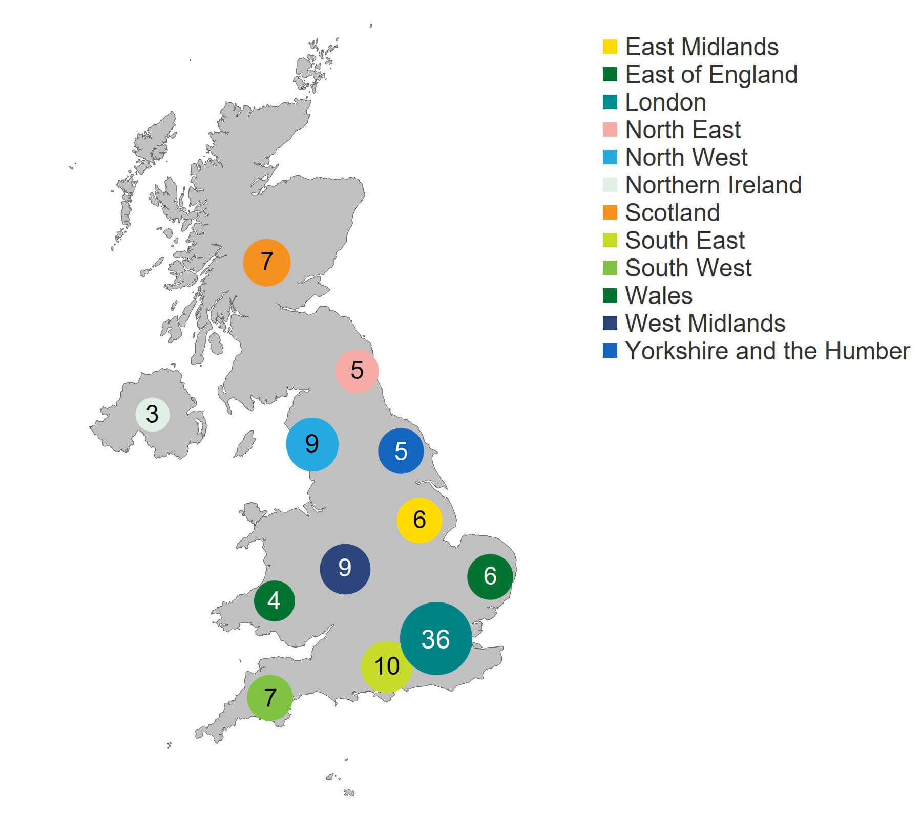 A map of the United Kingdom with circles showing the number of licensed clinics to provide fertility treatment in each geographical area, in financial year 2024/25 (excluding storage and research only).