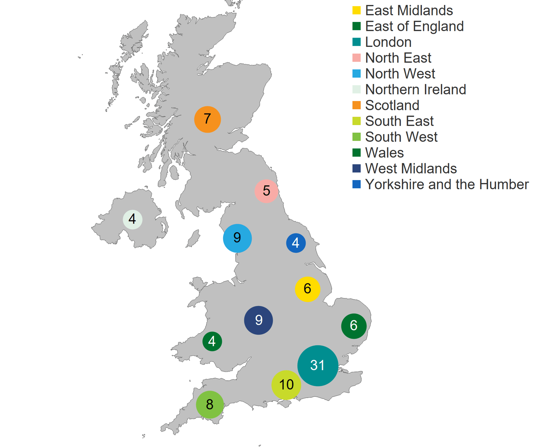 Figure 3: Number of clinics licensed to provide fertility treatment by geographical area, 2020/21 (excluding storage and research only). Number of clinics licensed to provide fertility treatment by geographical area, 2020/21 (excluding storage and research only). This map shows the number of clinics licensed to provide fertility treatment by geographical area, in 2020/21. London has the greatest concentration of licensed clinics (31). Northern Ireland, Wales, and Yorkshire and the Humber have the lowest concentrations of clinics. An accessible form of the underlying data for this figure can be downloaded at the start of the report in .xls format.